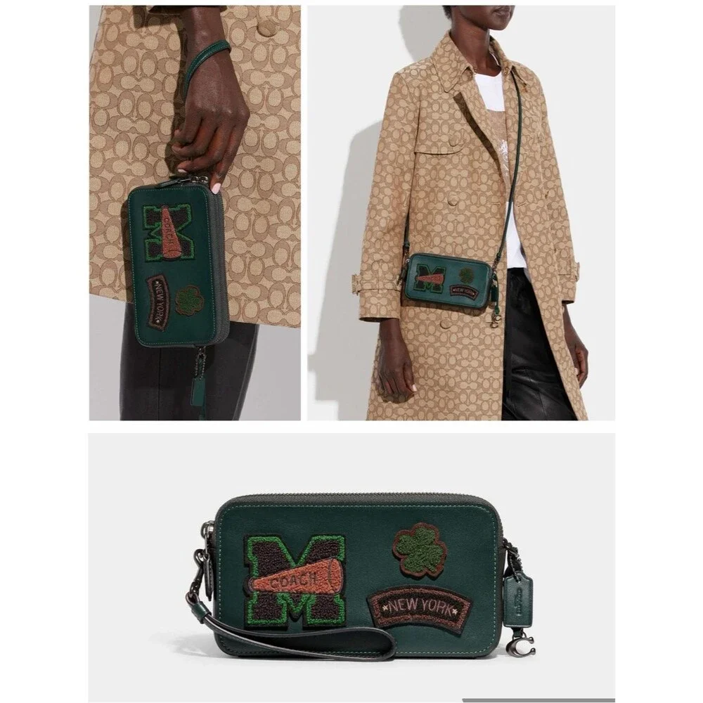 Coach Kira Crossbody Bag with Varsity Patches CG168 Forest Green Leather Pewter